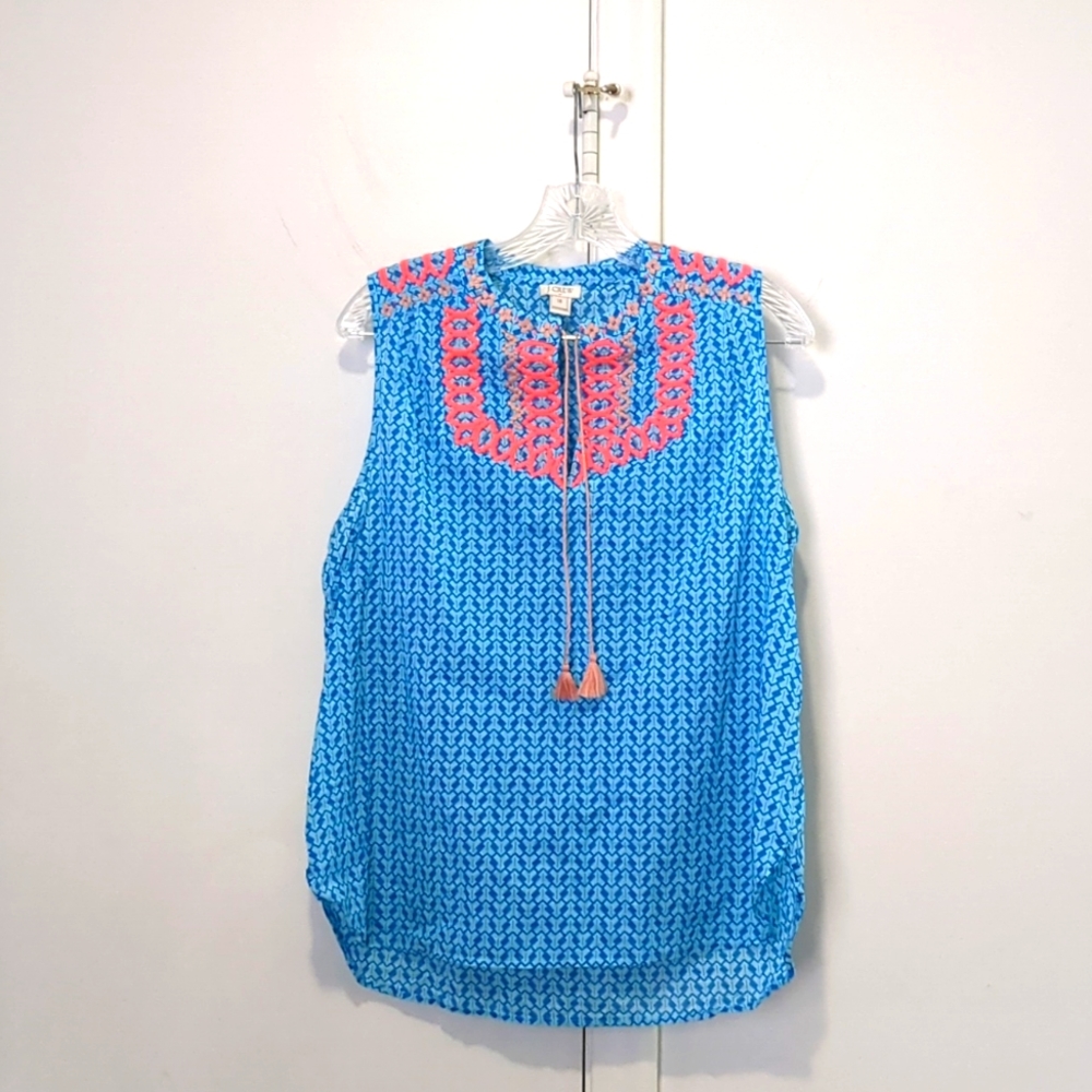 J CREW Blue & Orange TANK TOP Sz 14 COTTON embroidered
